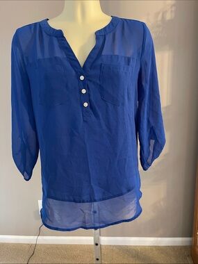 Express sheer Blue Women's Split-Neck Blouse  EUC